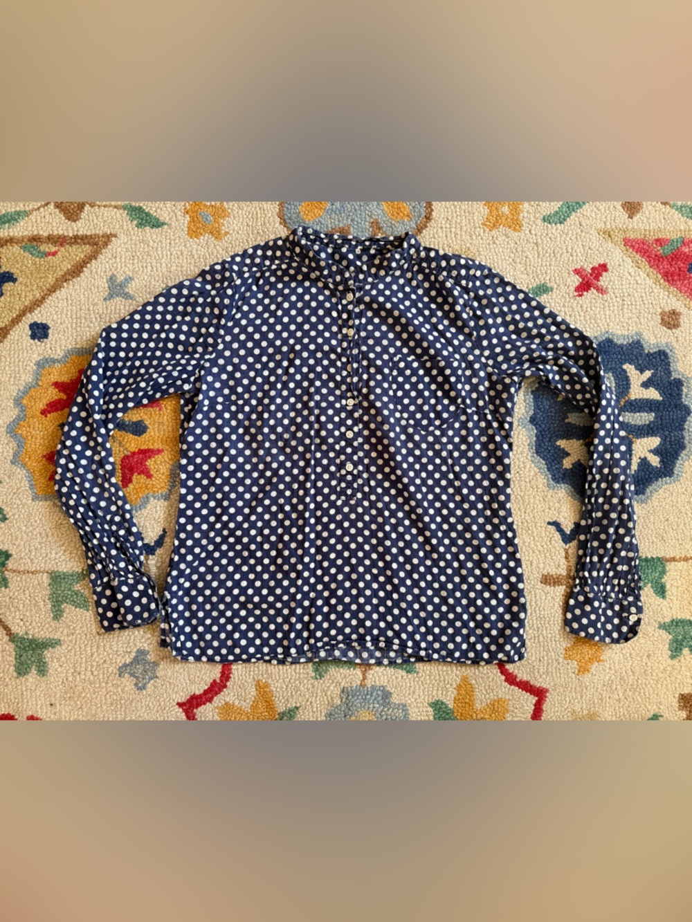 Vintage J. Crew Navy Blue Polka Dot Button-Up Blouse